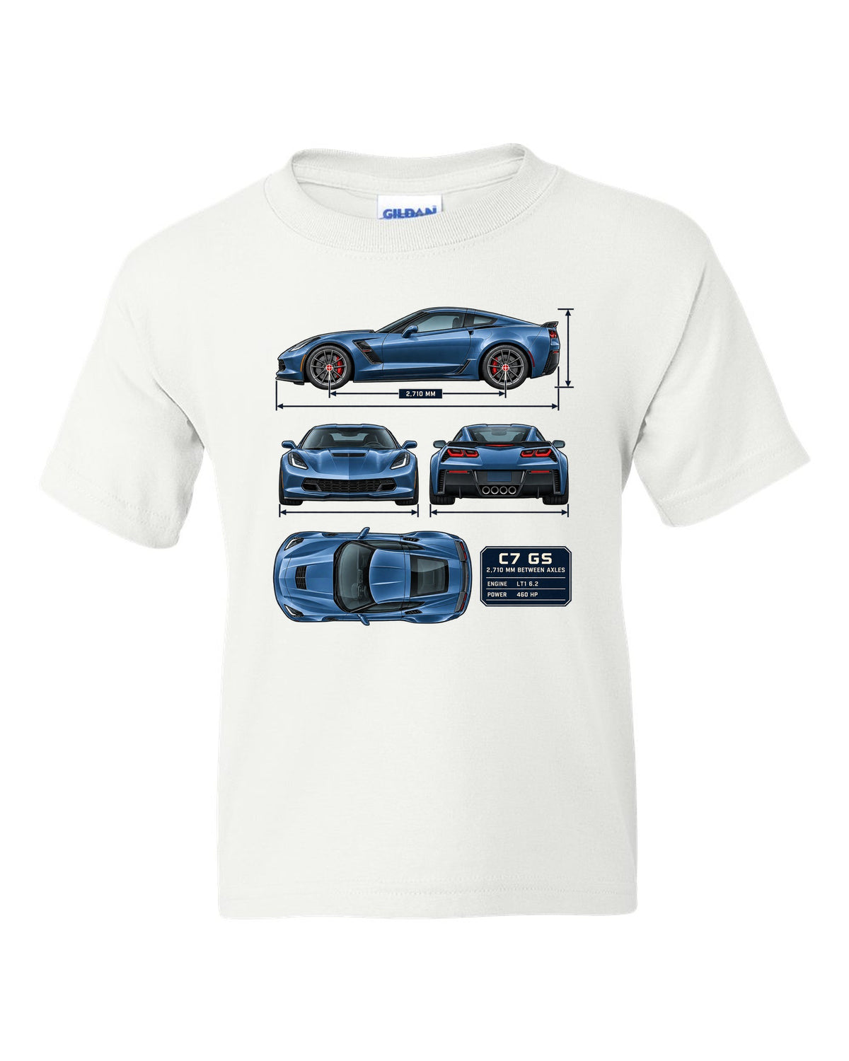 print of a Chevrolet Corvette C7 Grand Sport dimension blueprint with 2,710 mm wheelbase white kids tee front view with the design