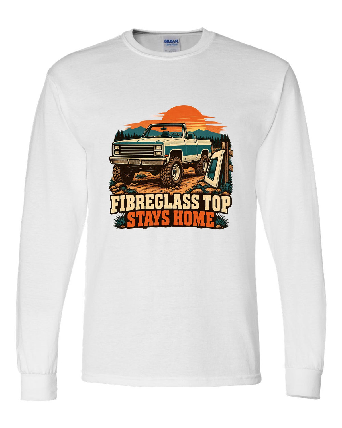 Retro two-colour print of a 1973-91 Chevrolet K5 Blazer with the top removed and FIBREGLASS TOP STAYS HOME text white long sleeve front view with the design