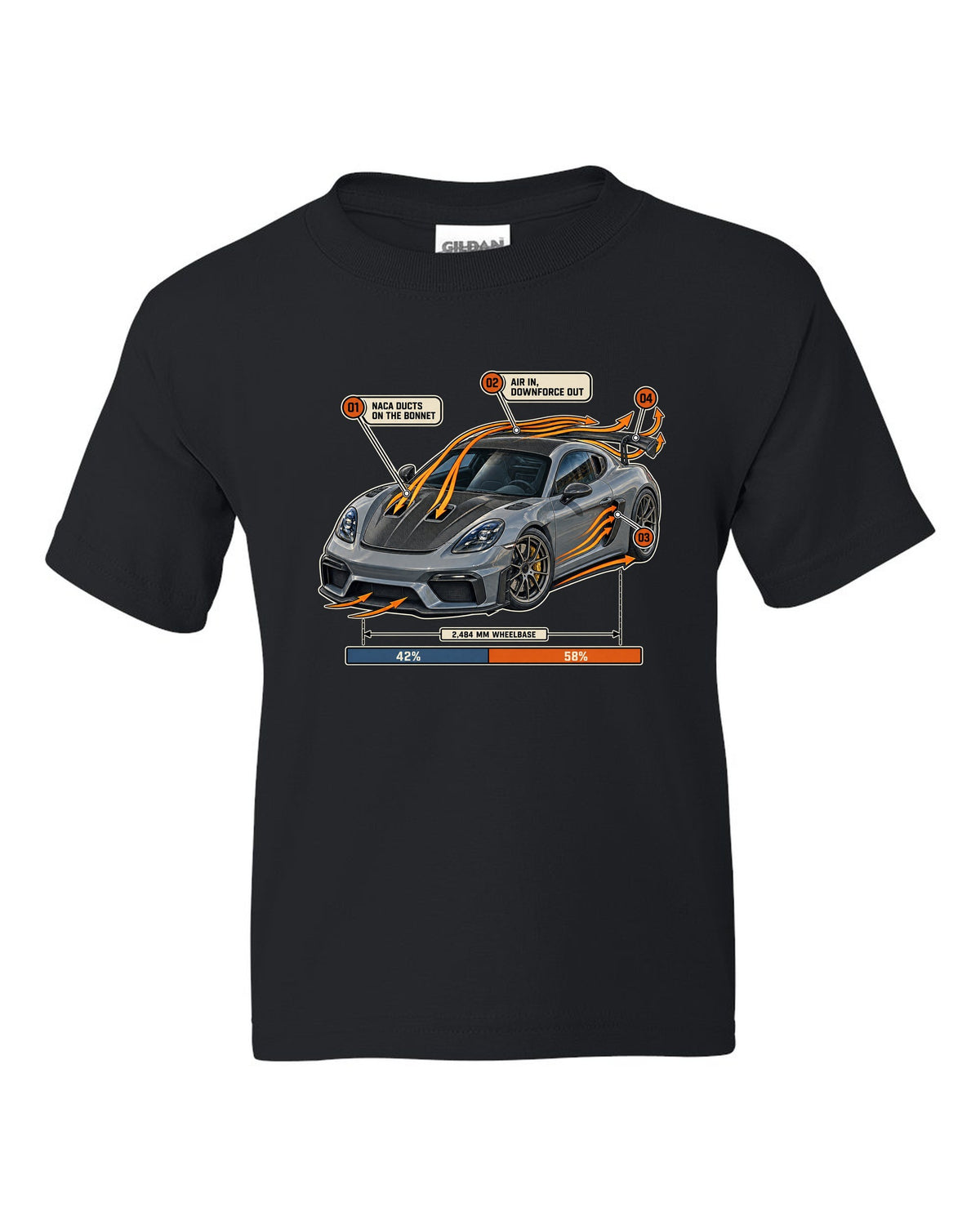 Airflow callout print of a Porsche 718 Cayman GT4 RS Weissach package black kids tee front view with the design
