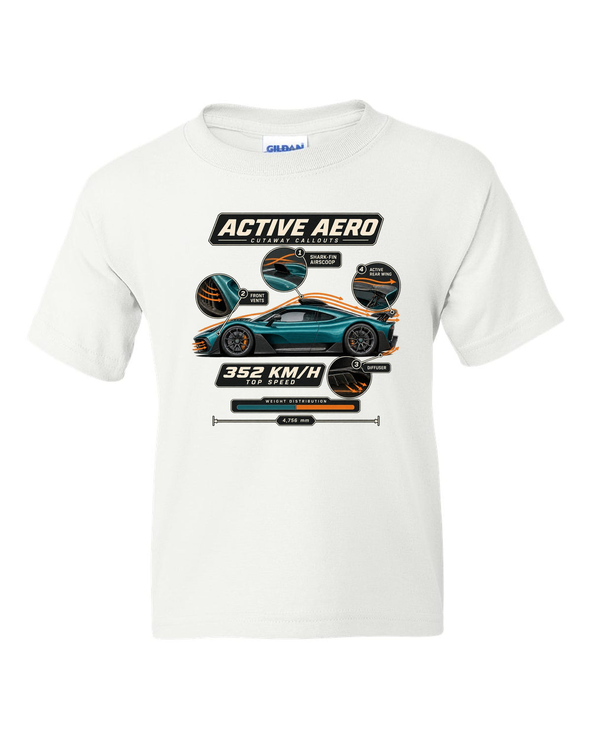 Mercedes-AMG One aero callout cutaway diagram with active aero labels white kids tee front view with the design