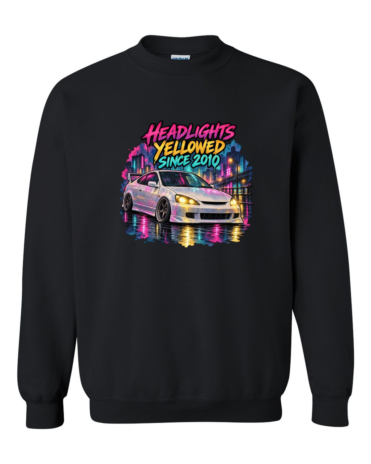 Sticker bomb collage print of a 1995 Honda Integra DC2 coupe with Teg is not an ITR text black crewneck front view with the design
