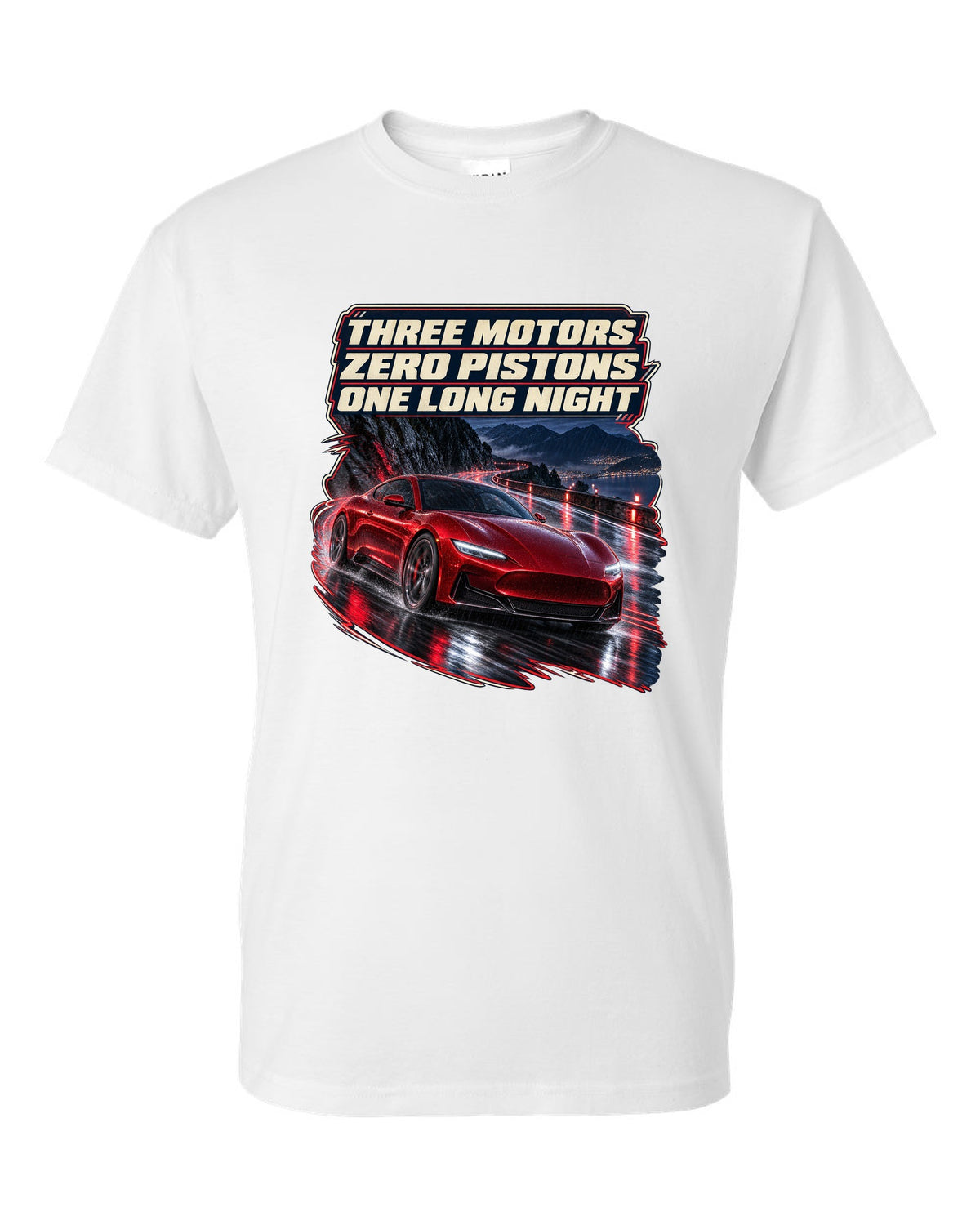 Maserati GranTurismo Folgore night street print white t-shirt front view with the design