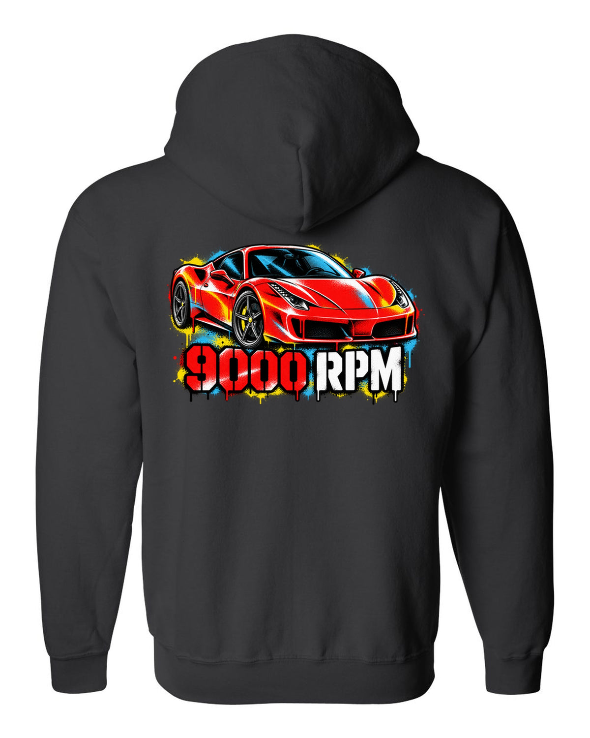 Stencil spray street art of the Ferrari 458 Italia with 9000 RPM text black zip hoodie back view with the design
