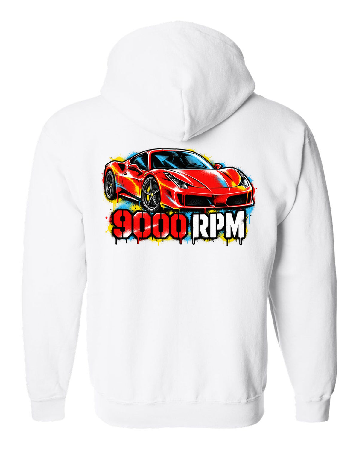 Stencil spray street art of the Ferrari 458 Italia with 9000 RPM text white zip hoodie back view with the design