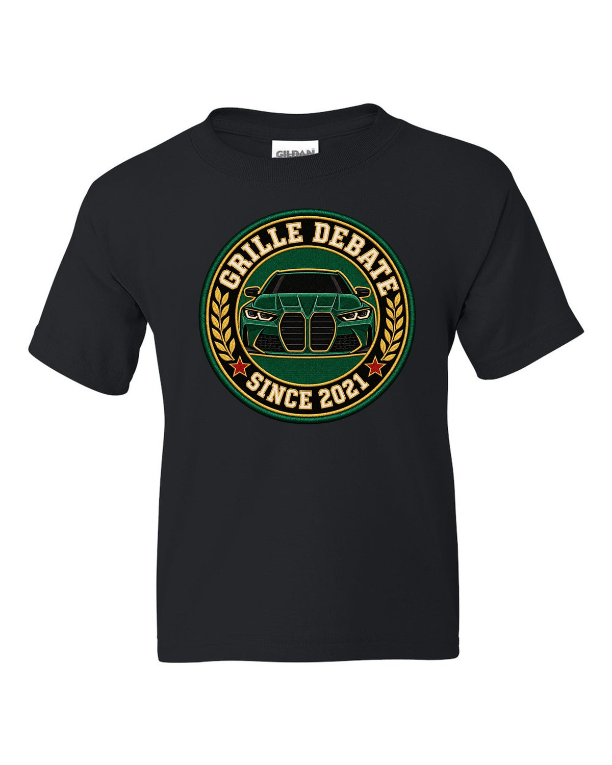 BMW G80 M3 varsity crest print with grille debate since 2021 text black kids tee front view with the design