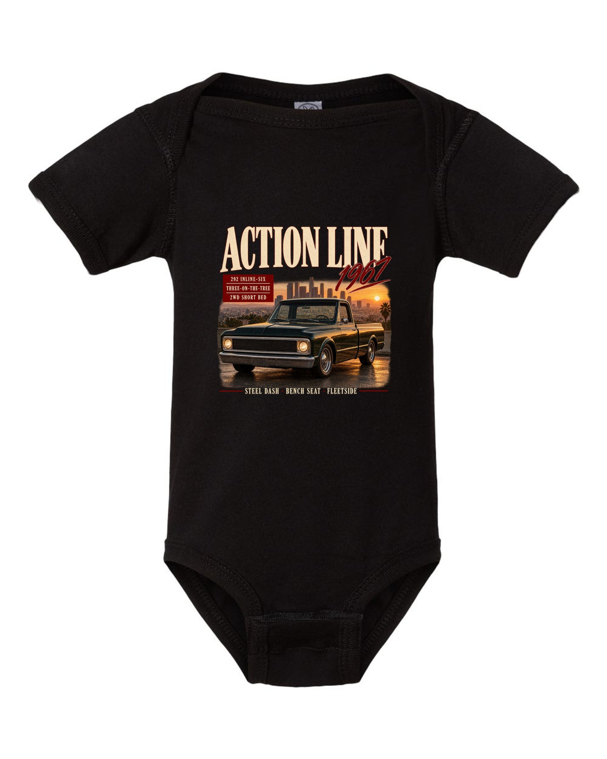 Archive panel print of a 1967 Chevrolet C10 Action Line Fleetside with 292 inline-six text black baby onesie front view with the design