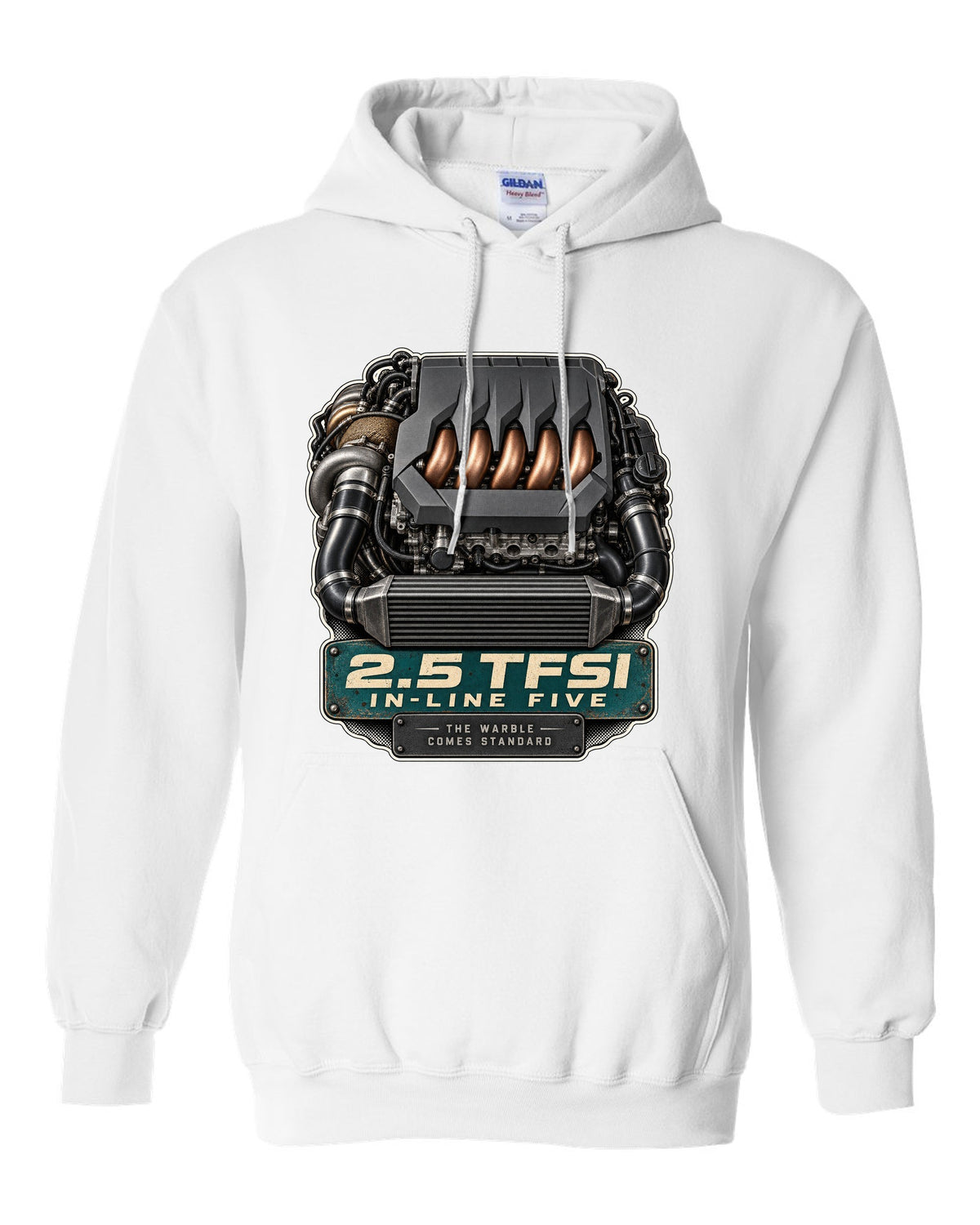 Engine bay print of the Audi RS3 8Y 2.5 TFSI in-line five white pull over hoodie front view with the design