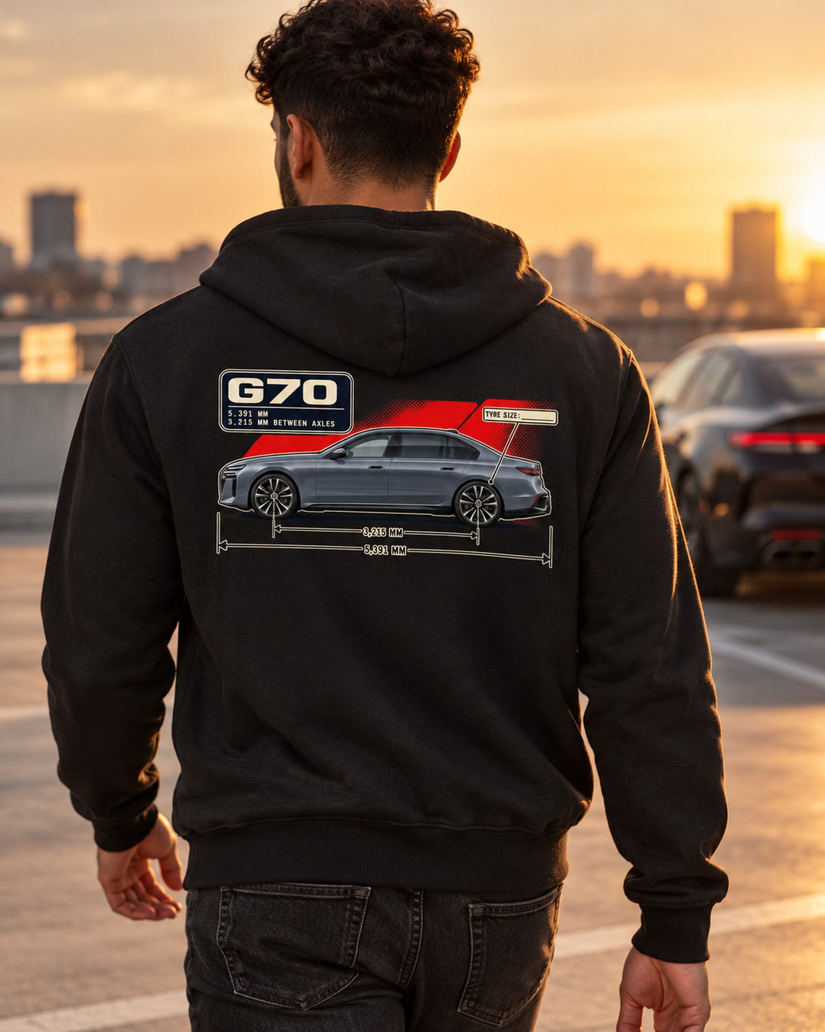 BMW i7 M70 xDrive G70 Dimension Blueprint Shirt Zip Hoodie Black worn hero