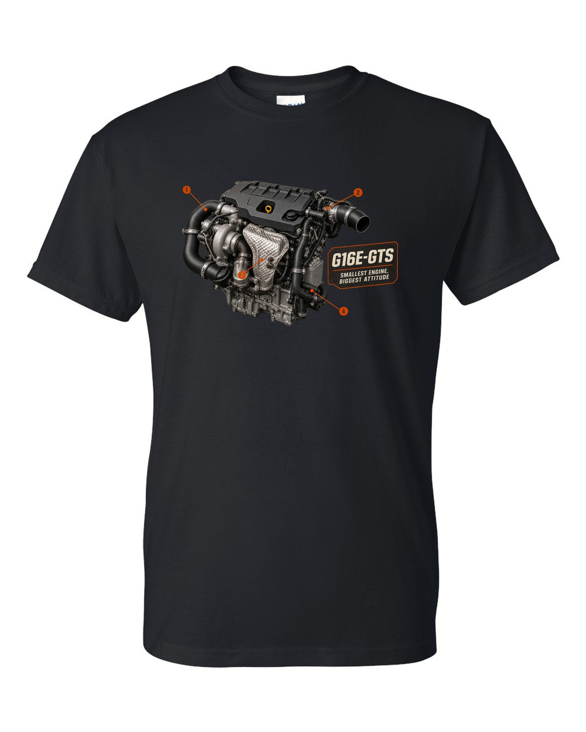 Toyota GR Yaris GR-Four rear three-quarter dossier panel design black t-shirt front view with the design