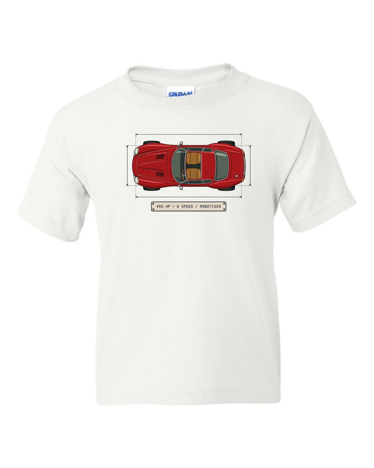 Spec sheet data plate for an Alfa Romeo 8C Competizione with 450 HP 6 speed robotised white kids tee front view with the design