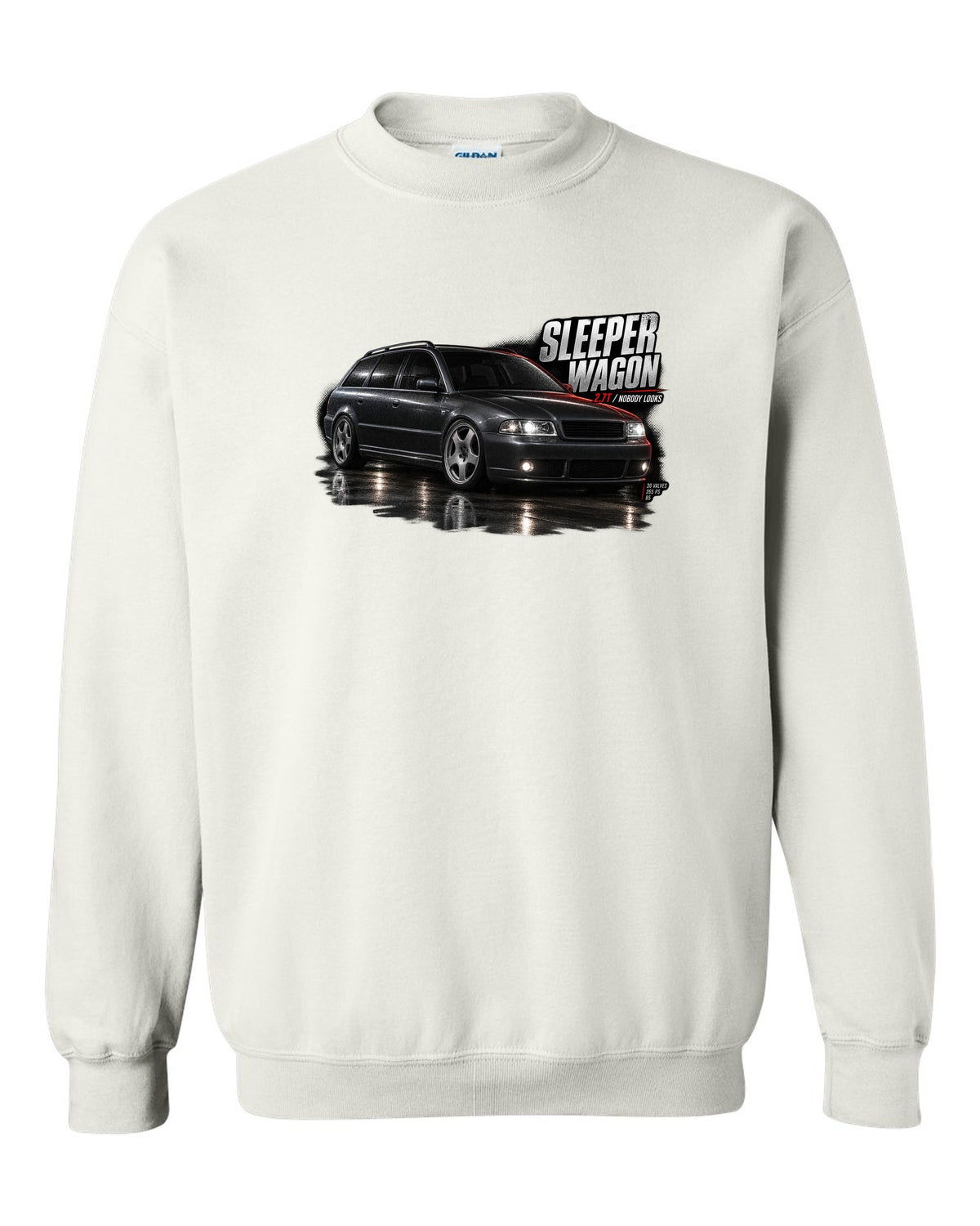 Audi S4 B5 Avant front three-quarter in garage with sleeper wagon 2.7T text white crewneck front view with the design