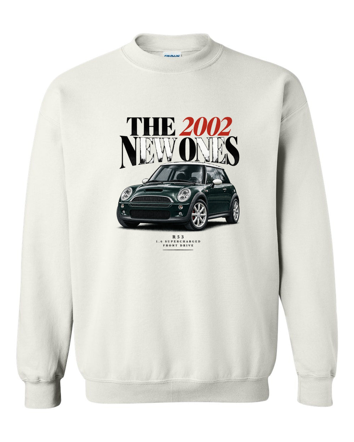 Mini Cooper S R53 dark green with white roof editorial headline print white crewneck front view with the design