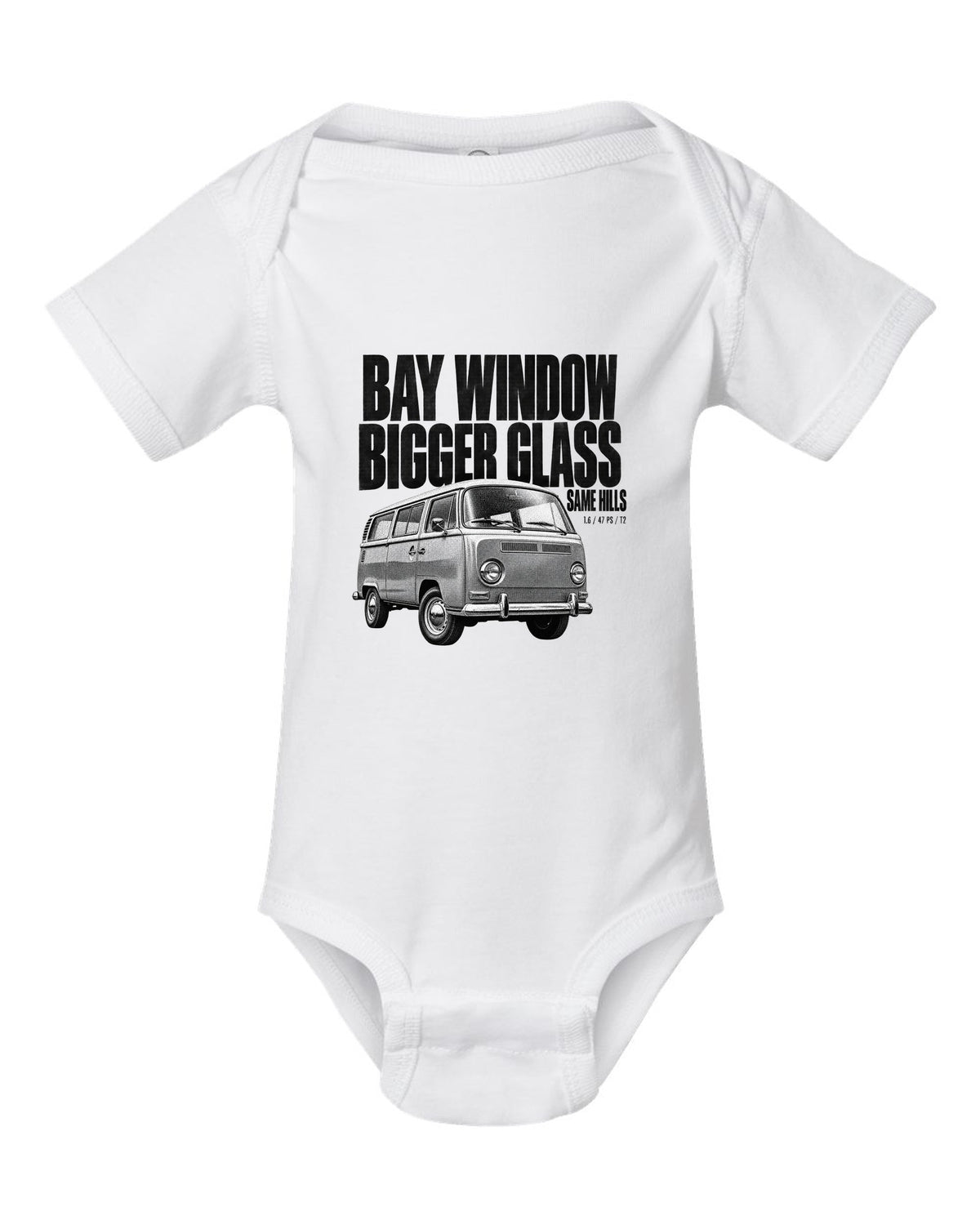 Halftone print of a VW T2 Bay Window bus front three-quarter with bigger glass same hills text white baby onesie front view with the design