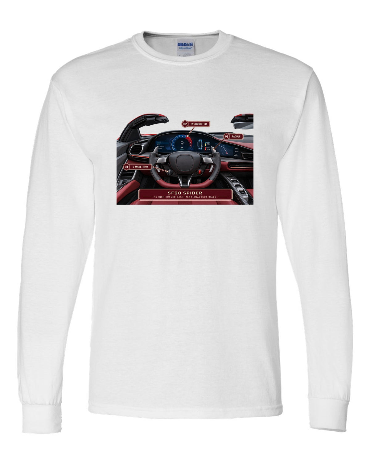 Ferrari SF90 Spider cockpit gauge print with 16-inch curved dash text white long sleeve front view with the design
