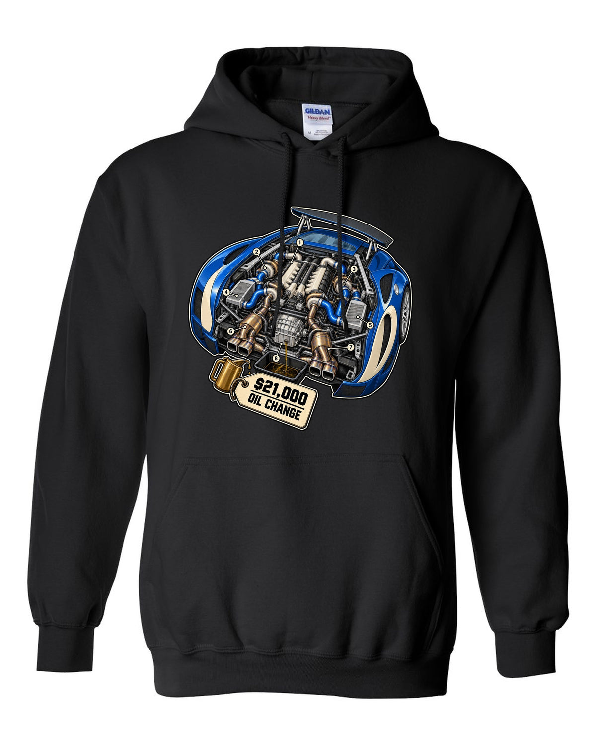 Exploded cutaway diagram print of the Bugatti Veyron 16.4 W16 engine with oil change lettering black pull over hoodie front view with the design