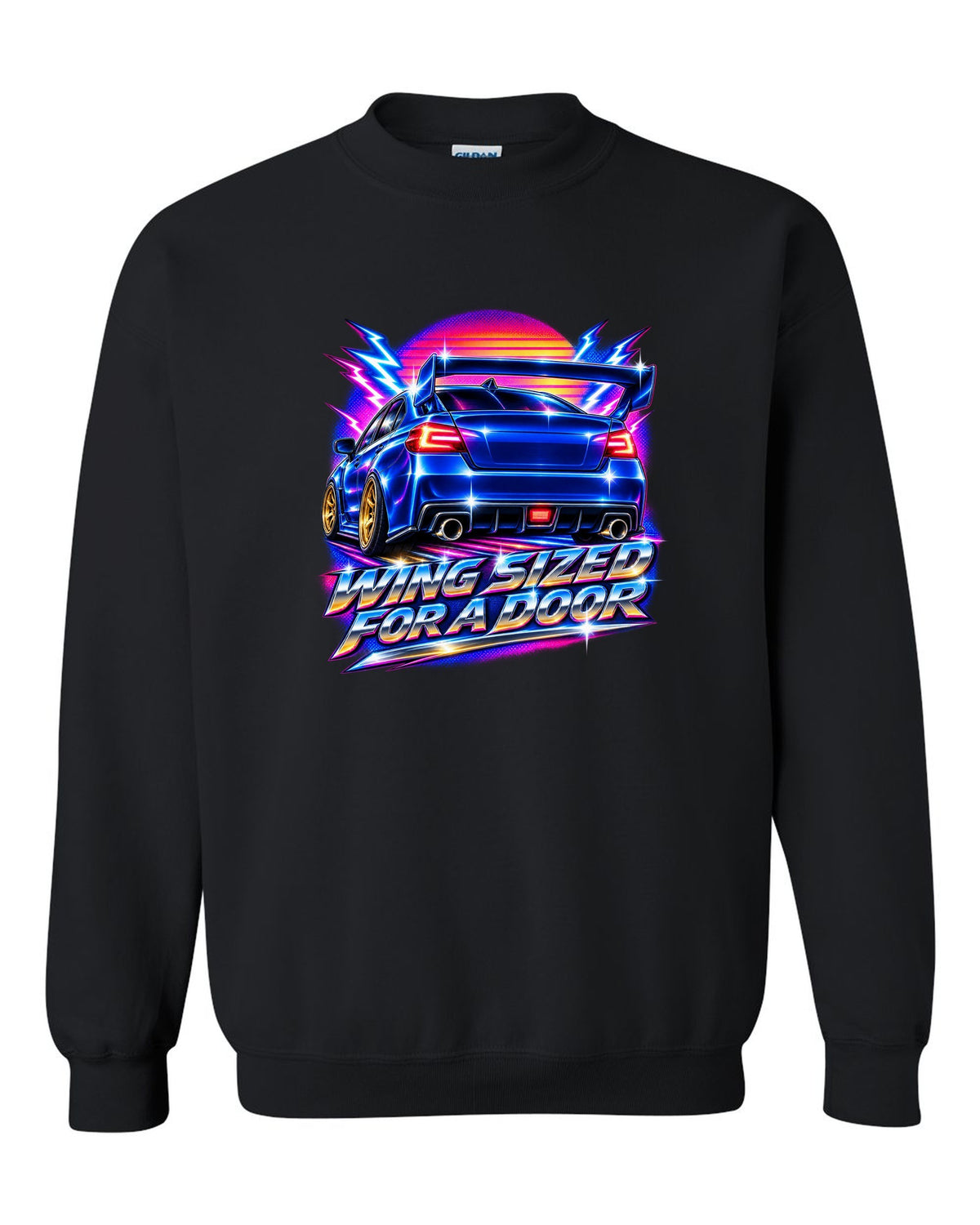 Subaru WRX STI VAB rear in 80s airbrush chrome, WING SIZED / FOR A DOOR black crewneck front view with the design