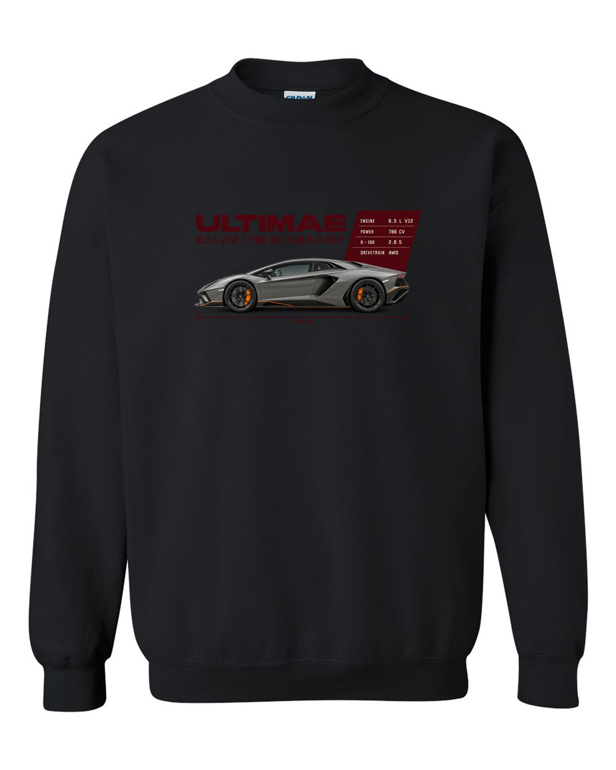 Spec poster print of the Lamborghini Aventador Ultimae with V12 figures black crewneck front view with the design