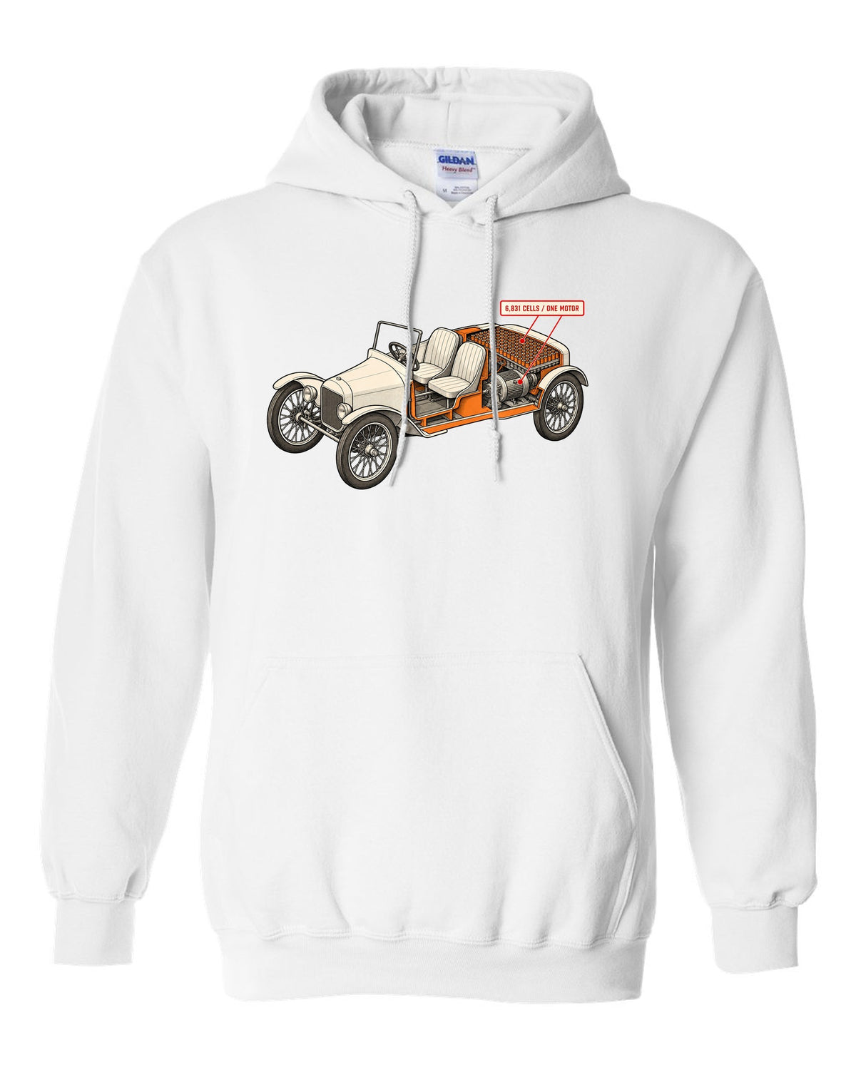 Isometric cutaway diagram print of a Tesla Roadster Gen 1 reading 6,831 Cells One Motor white pull over hoodie front view with the design