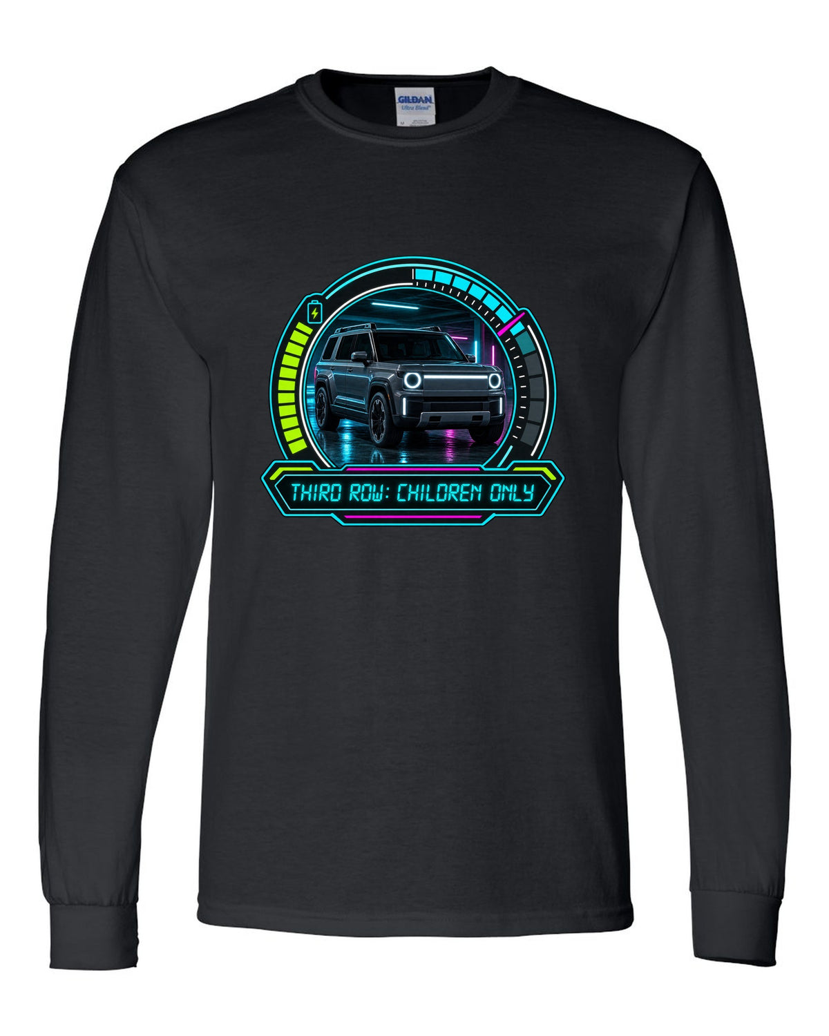 Rivian R1S dashboard gauge cluster HUD print with the text third row children only black long sleeve front view with the design