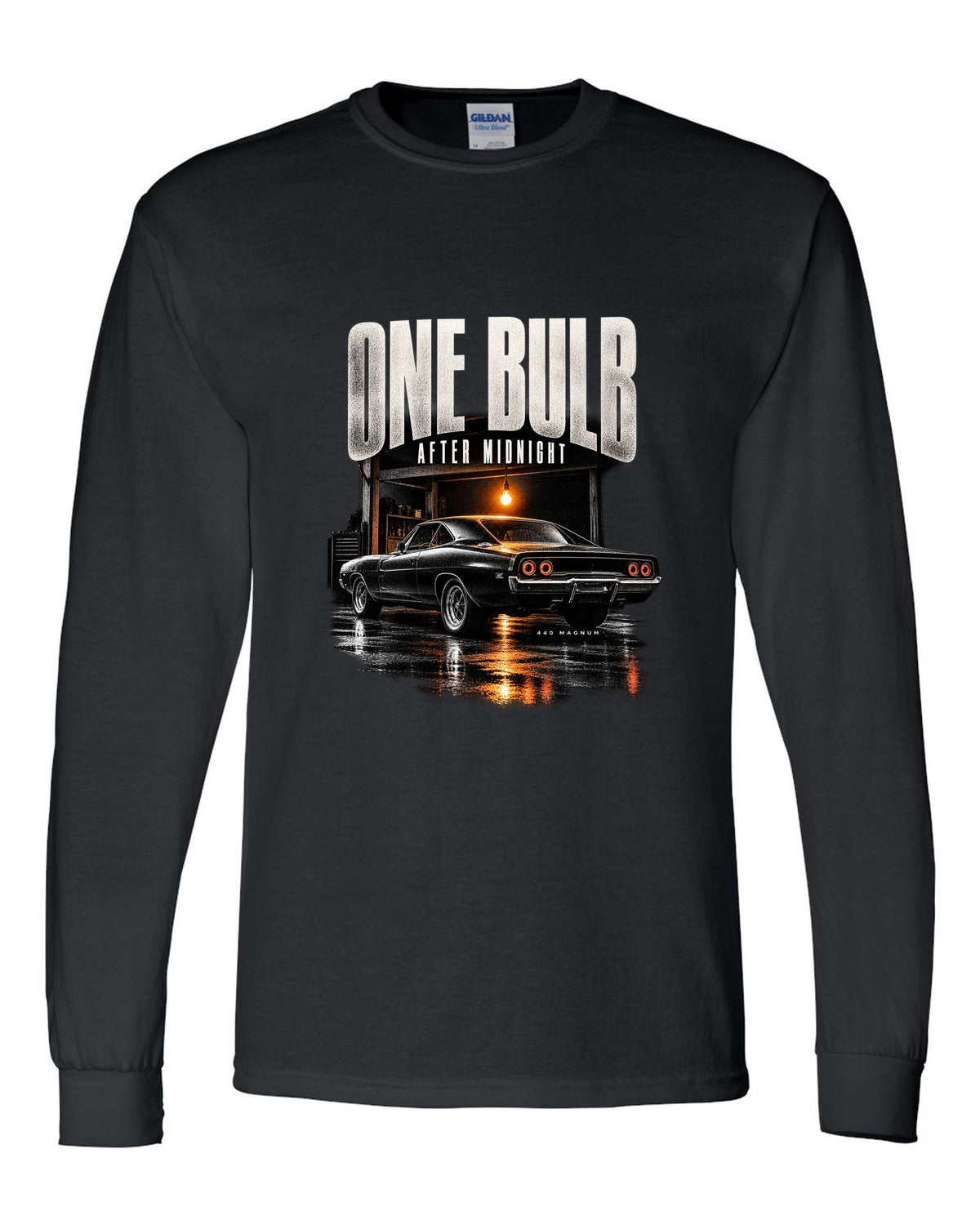1969 Dodge Charger R/T B-body garage night print with one bulb after midnight lettering black long sleeve front view with the design