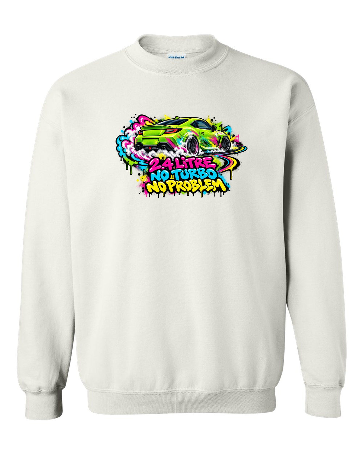 Subaru BRZ ZD8 sideways in front of a graffiti wall, 2.4 LITRE / NO TURBO / NO PROBLEM white crewneck front view with the design