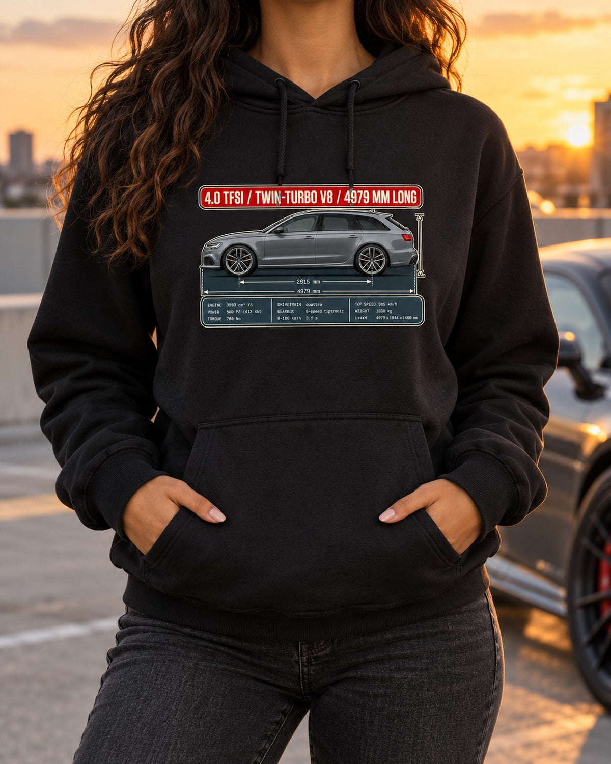 Audi RS6 Avant C7 Dimension Blueprint Shirt, 4.0 TFSI V8 Pull Over Hoodie Black worn hero