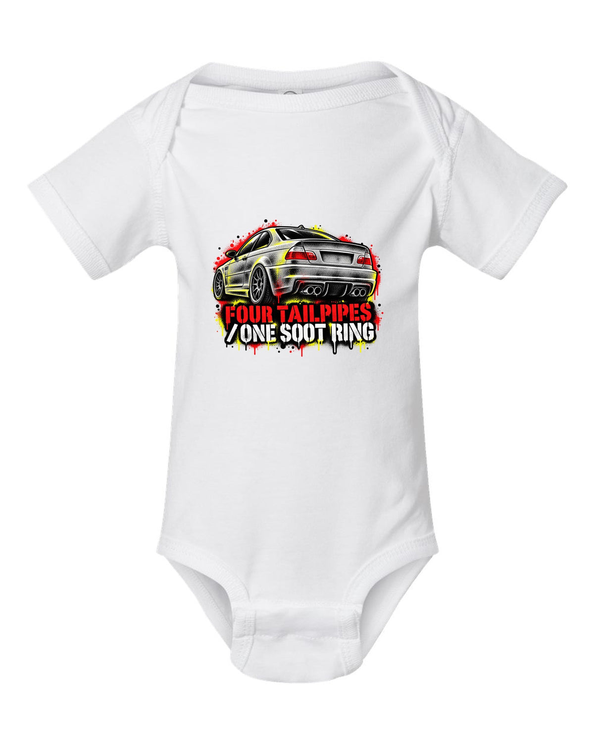 Stencil spray street art of four tailpipes on a BMW E46 M3 coupe with soot ring text white baby onesie front view with the design