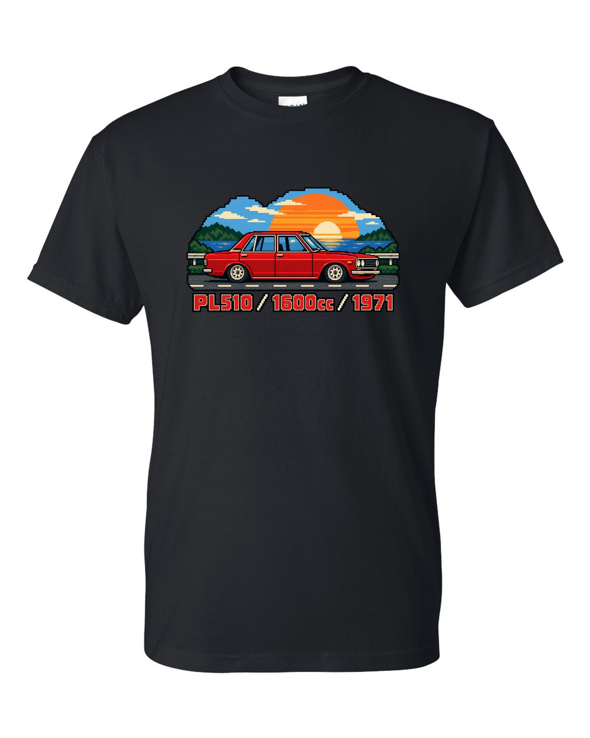 16-bit pixel art of a 1971 Datsun 510 PL510 sedan with 1600cc lettering black t-shirt front view with the design