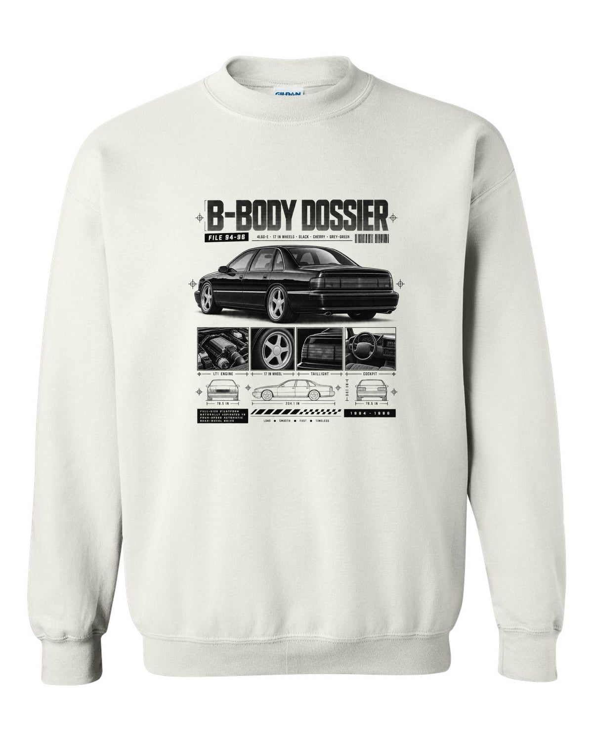 1994-96 Impala SS B-body dossier panels print with 4L60-E and wheel notes white crewneck front view with the design