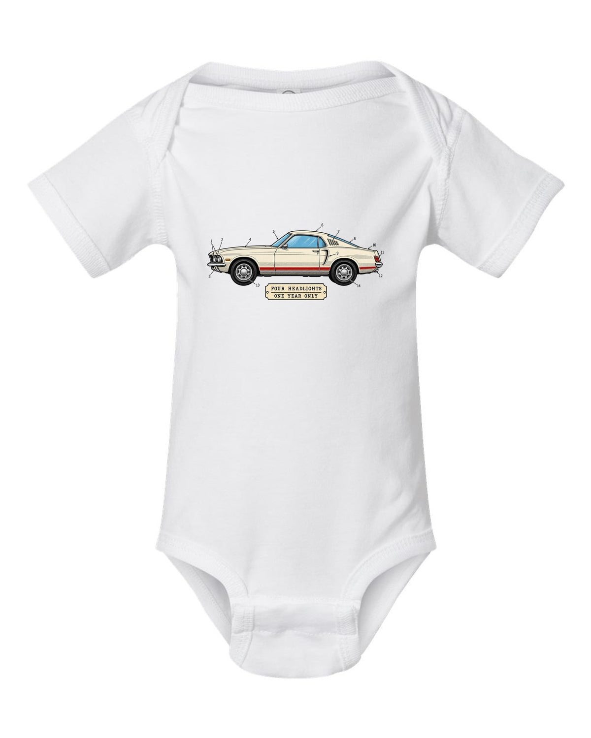 1969 Ford Mustang Fastback Patent Sheet Profile white baby onesie front view with the design