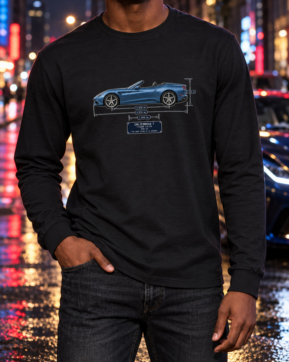 Ferrari California T Dimension Blueprint Shirt, F154BB Long Sleeve Black worn hero