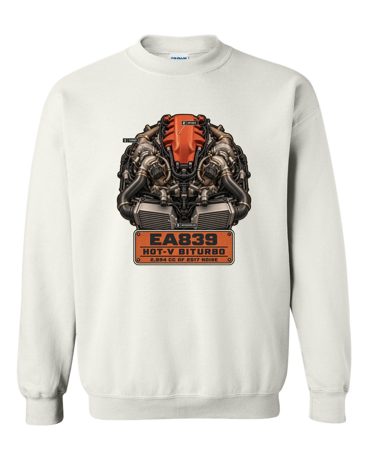 Engine hero poster of the Audi RS5 B9 EA839 hot-V biturbo white crewneck front view with the design