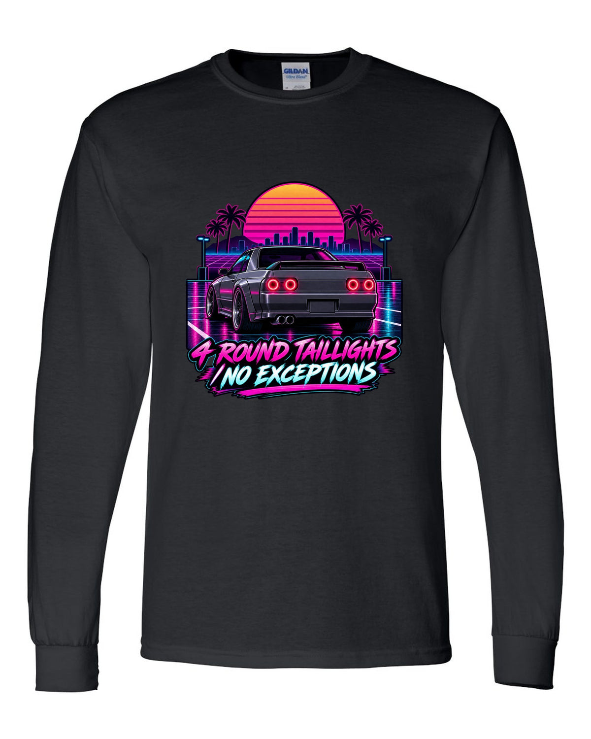 Neon synthwave print of a Nissan Skyline GT-R R32 BNR32 rear with four round taillights black long sleeve front view with the design
