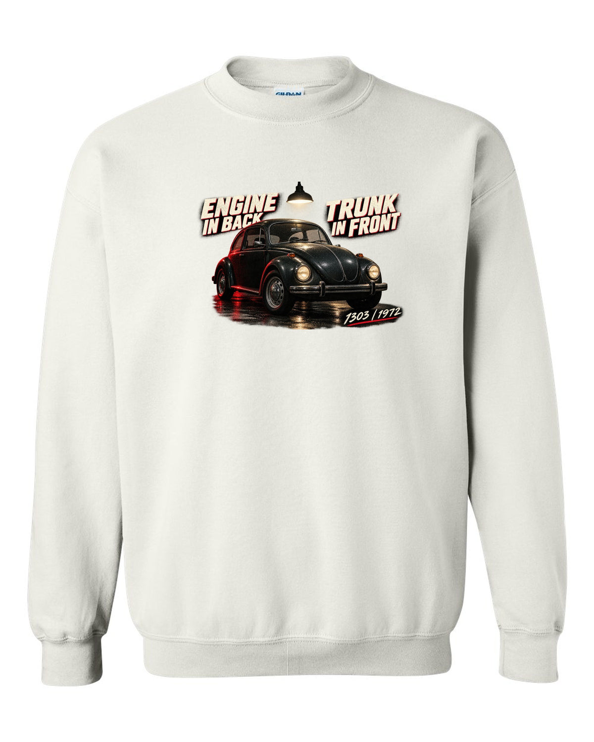 Garage night print of a VW Beetle 1303 front three-quarter with engine in back trunk in front text white crewneck front view with the design