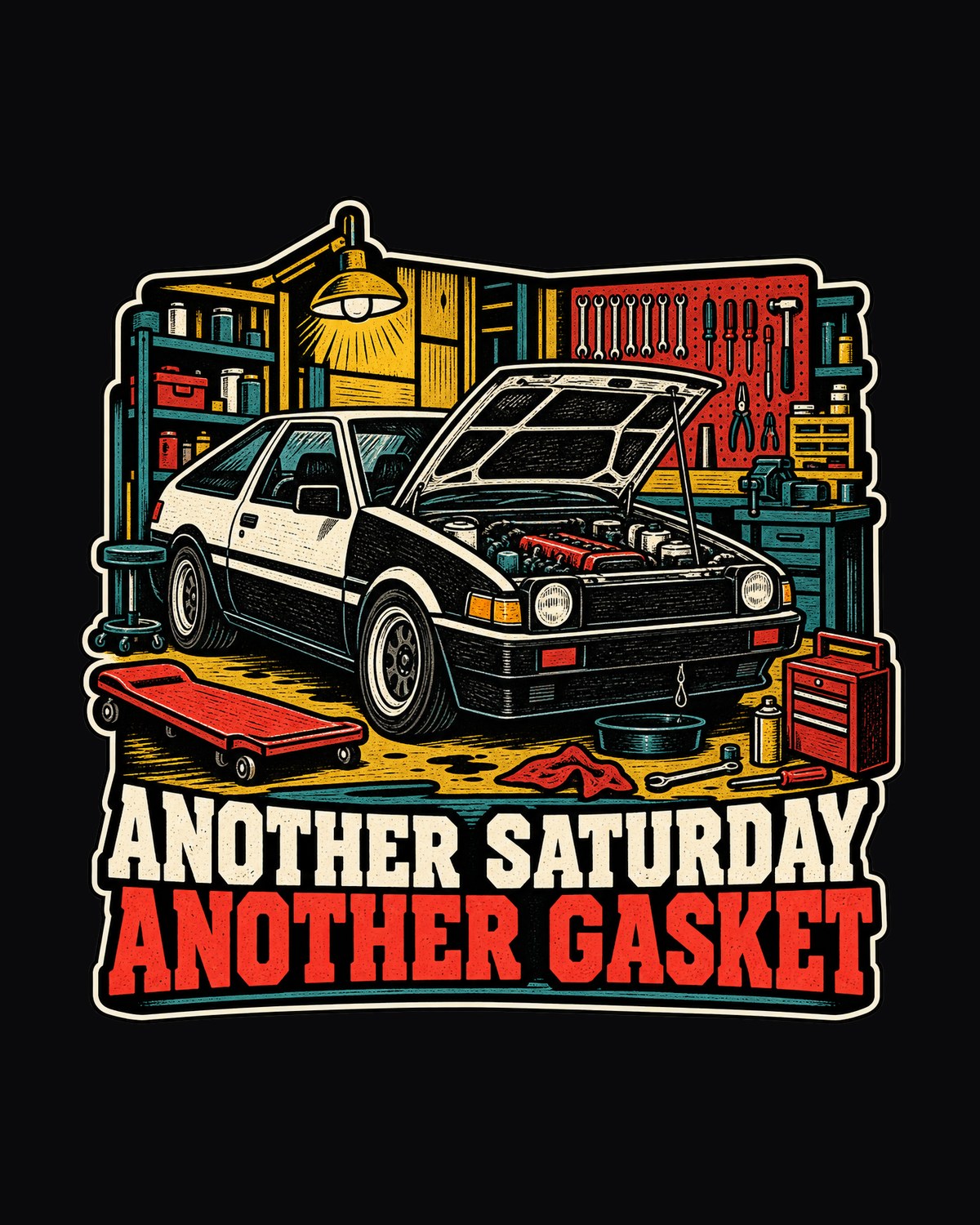 Corolla Levin AE86 Linocut Shirt, Another Saturday Another Gasket, Design 6373 design only