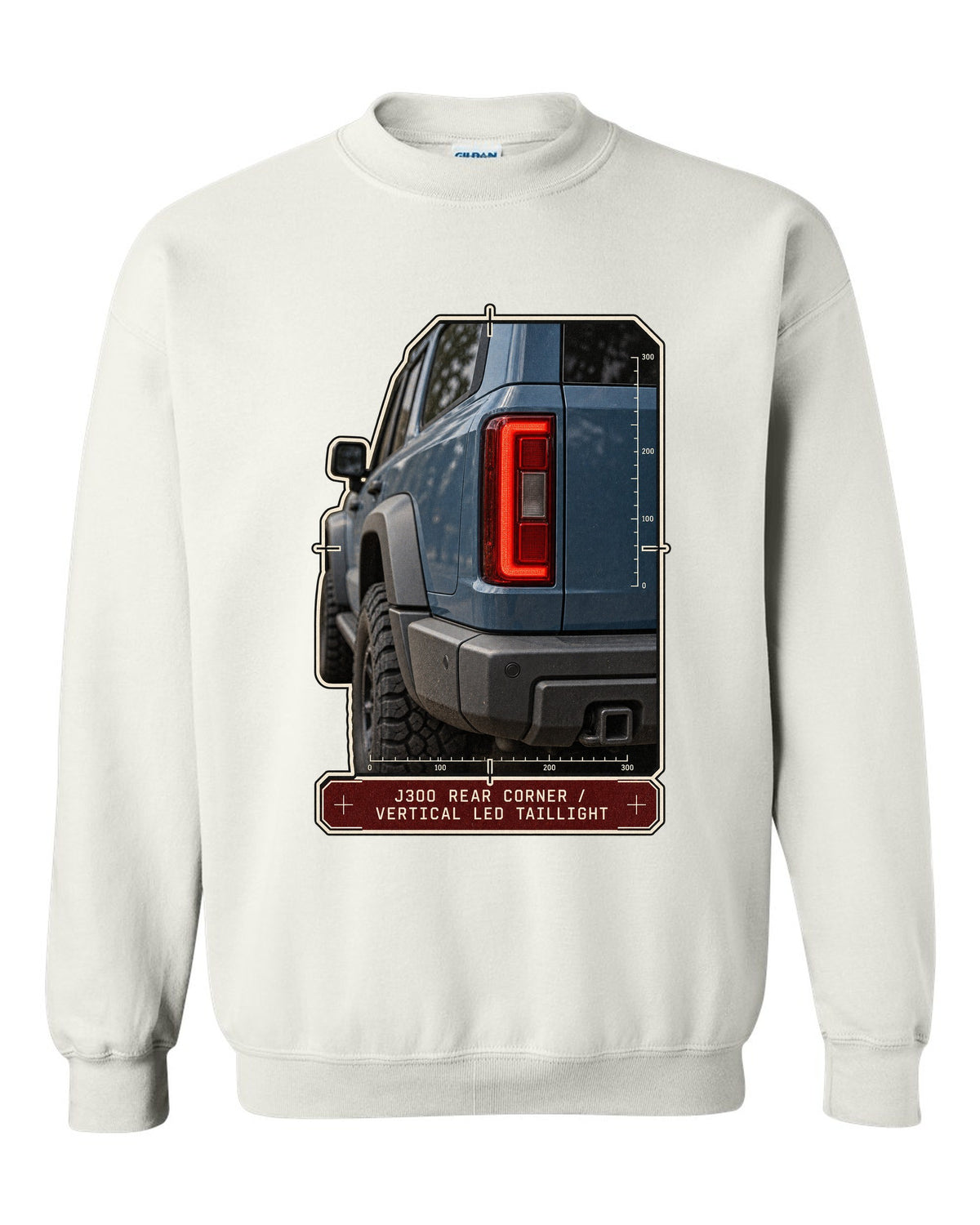 Close-up of Toyota Land Cruiser 300 J300 vertical LED taillight white crewneck front view with the design