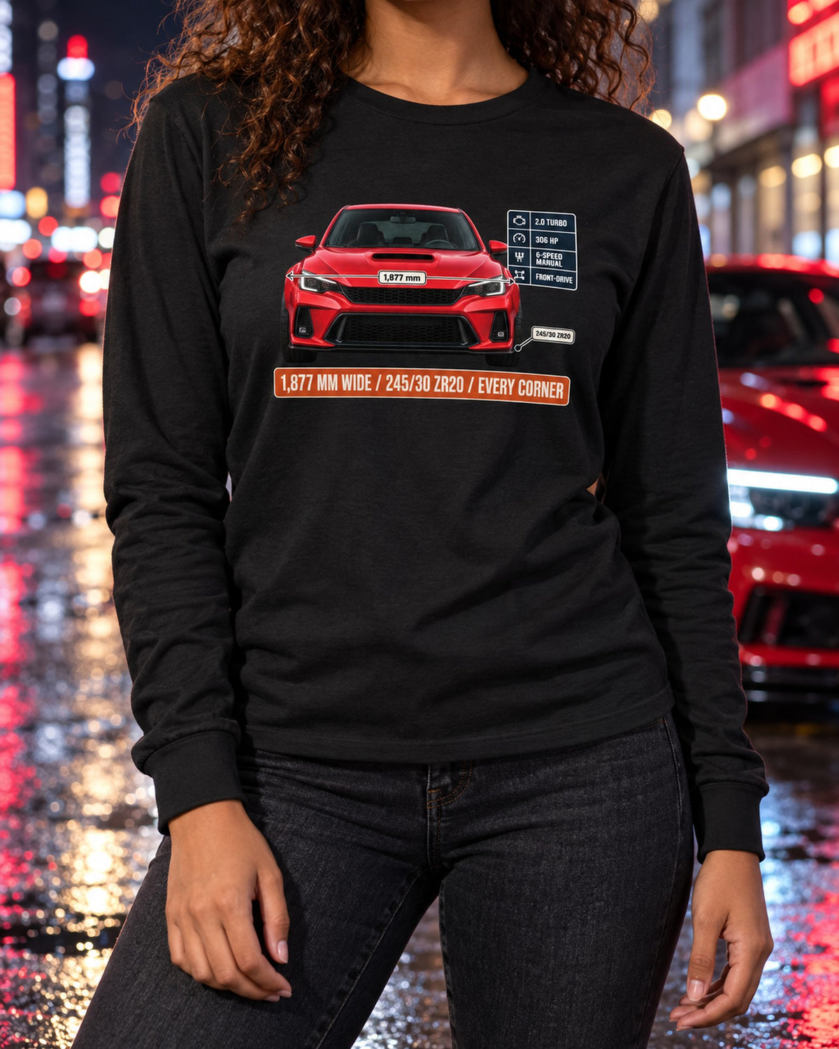 Civic Type R FK8 Front Elevation Spec Poster Tee, Rallye Red Long Sleeve Black worn hero