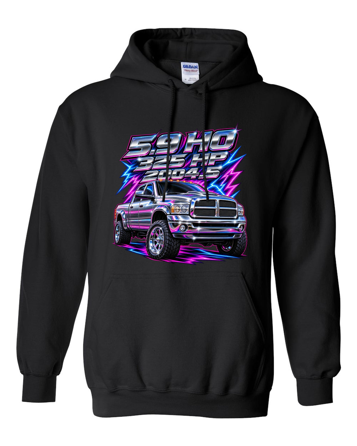 80s chrome airbrush print of a 2003-2009 Dodge Ram 2500 Cummins with 5.9 HO 325 HP 2004.5 text black pull over hoodie front view with the design