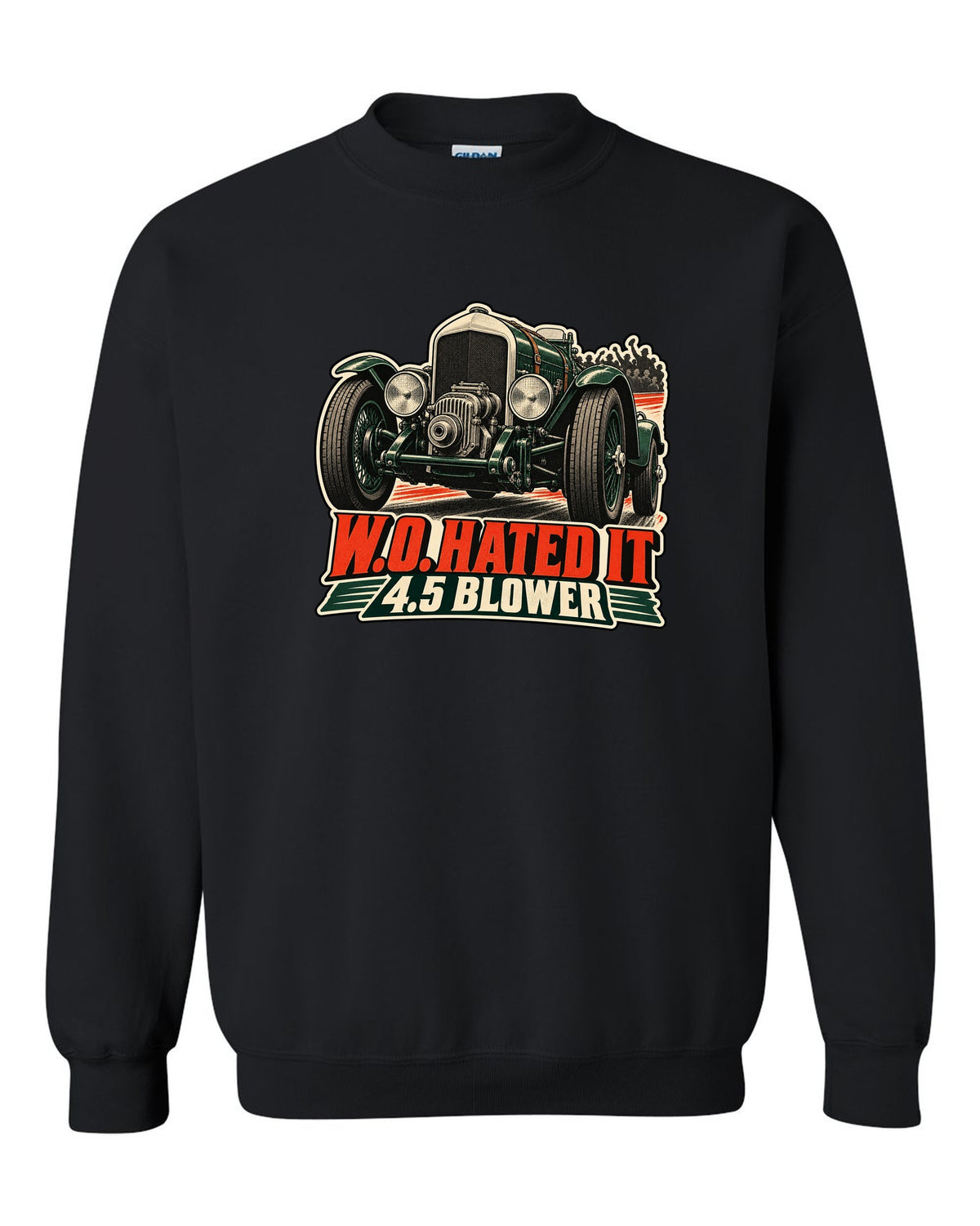 Vintage race poster style print of the 1929 Bentley 4.5 Litre Blower with W.O. lettering black crewneck front view with the design