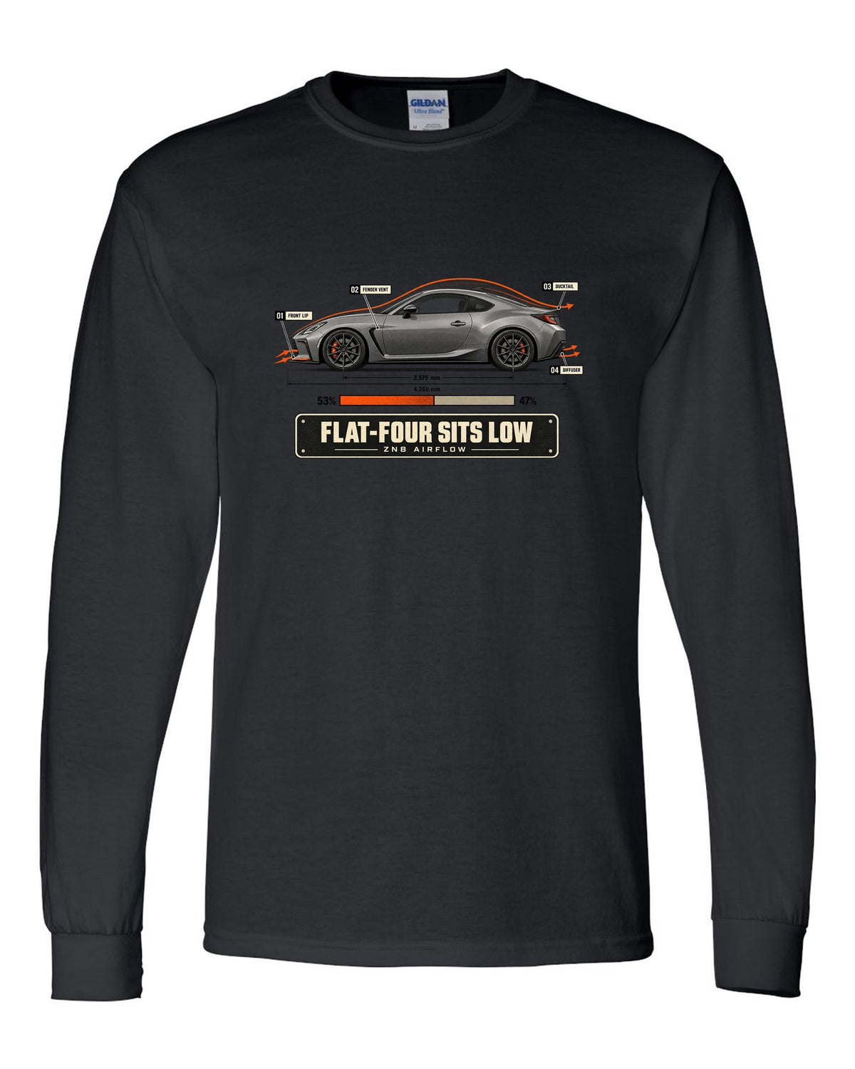Cutaway-style airflow diagram of a Toyota GR86 ZN8 with callouts, poster-style print black long sleeve front view with the design