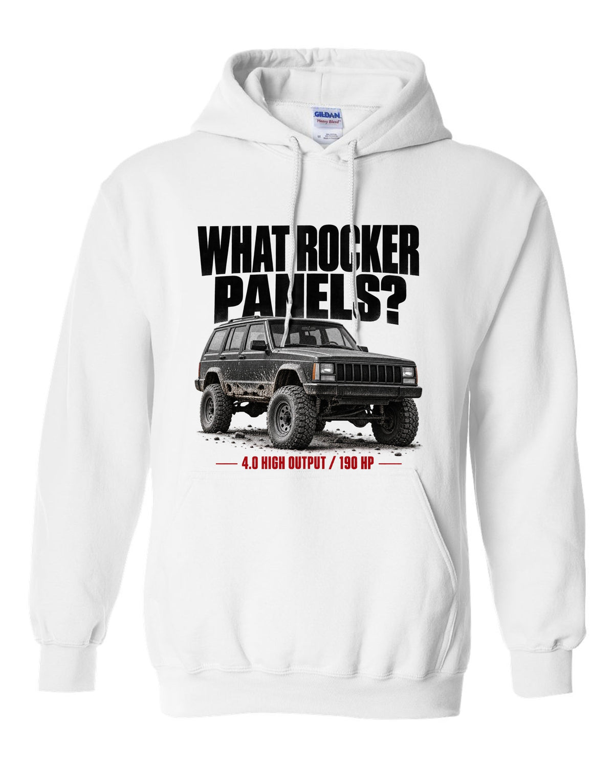 Jeep Cherokee XJ halftone print with 4.0 High Output 190 HP text white pull over hoodie front view with the design