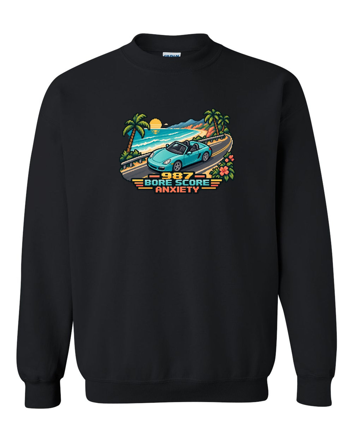 Porsche Boxster 987 isometric pixel art roadster with bore score anxiety text black crewneck front view with the design