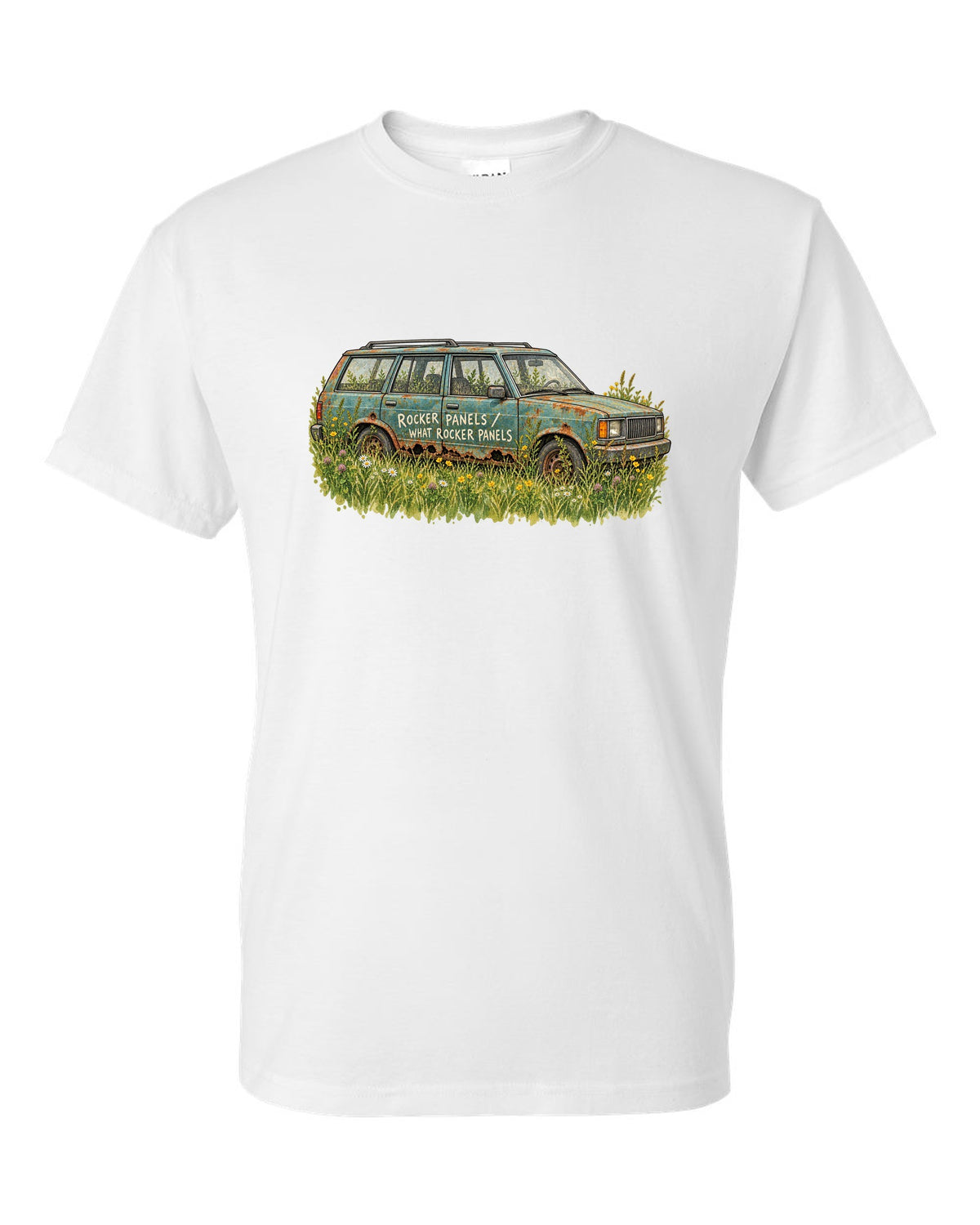 Watercolour print of a Jeep Cherokee XJ in a meadow with a rocker panel joke white t-shirt front view with the design