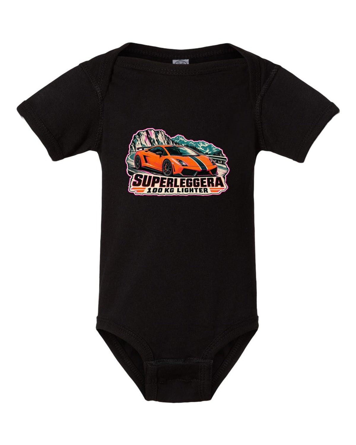 Risograph-style Lamborghini Gallardo Superleggera design with 100 KG lighter lettering black baby onesie front view with the design
