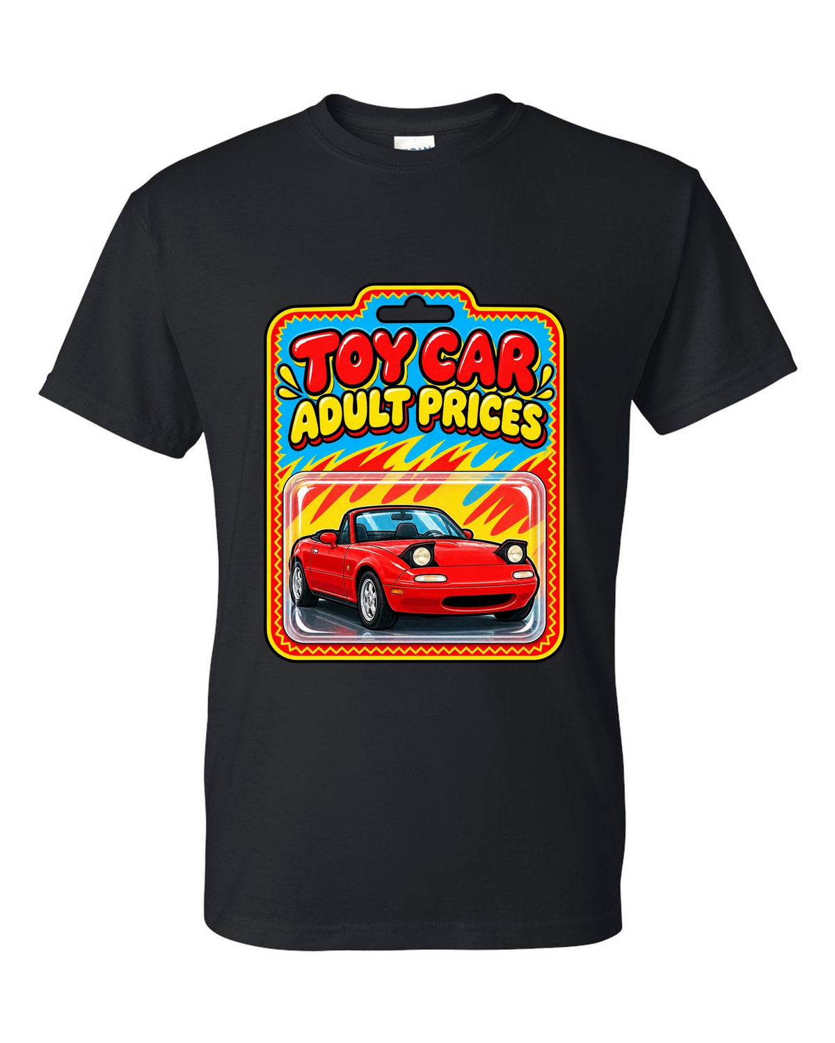 Toy car blister card style illustration of a Mazda MX-5 NA with adult prices text black t-shirt front view with the design