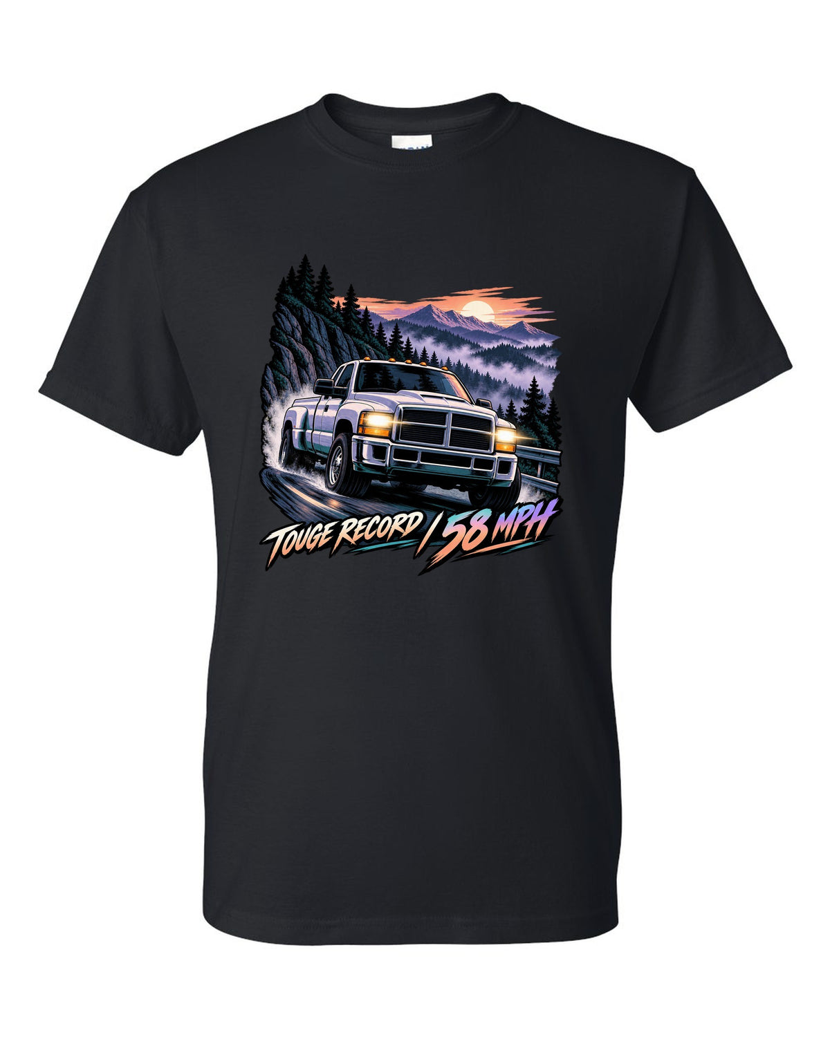 Cel-shaded anime night touge print of a 1994-1998 Dodge Ram 2500 12V Cummins black t-shirt front view with the design