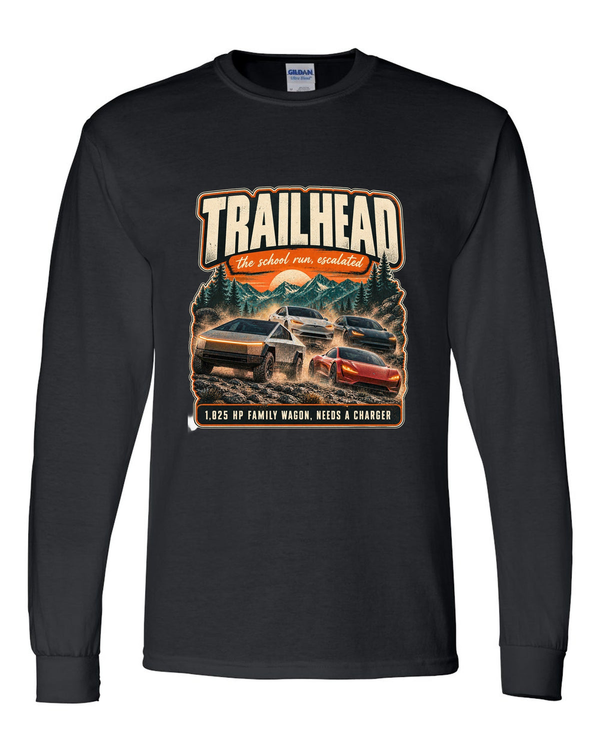 Street poster print of a Rivian R1S with trailhead and horsepower text black long sleeve front view with the design
