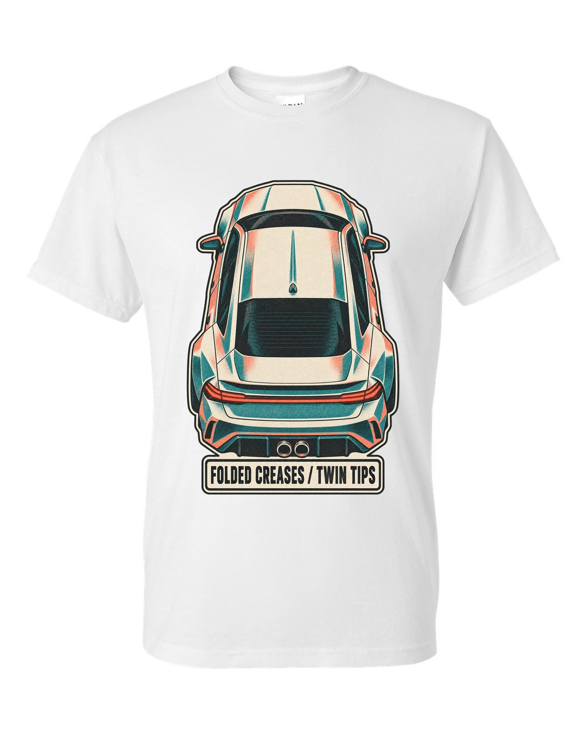 Risograph duotone top-down print of a Hyundai Elantra N CN7 with folded creases and twin tips text white t-shirt front view with the design