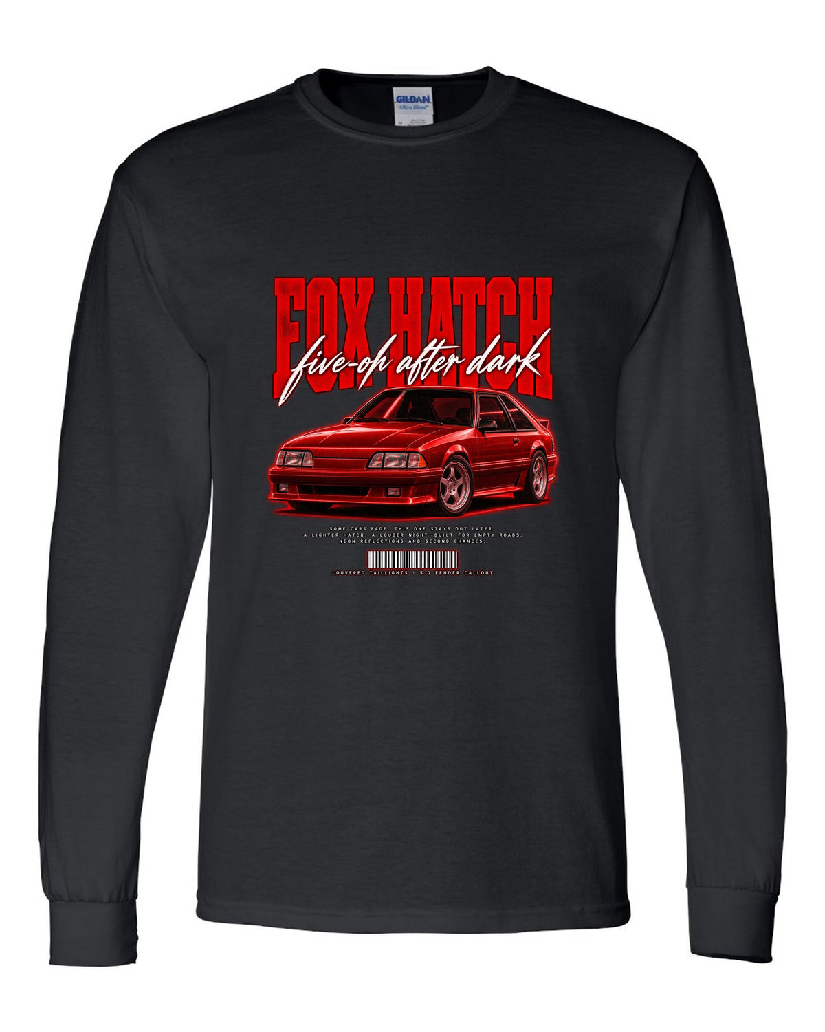 Street poster illustration of a Ford Mustang Fox body GT chback at night, five-oh after dark black long sleeve front view with the design