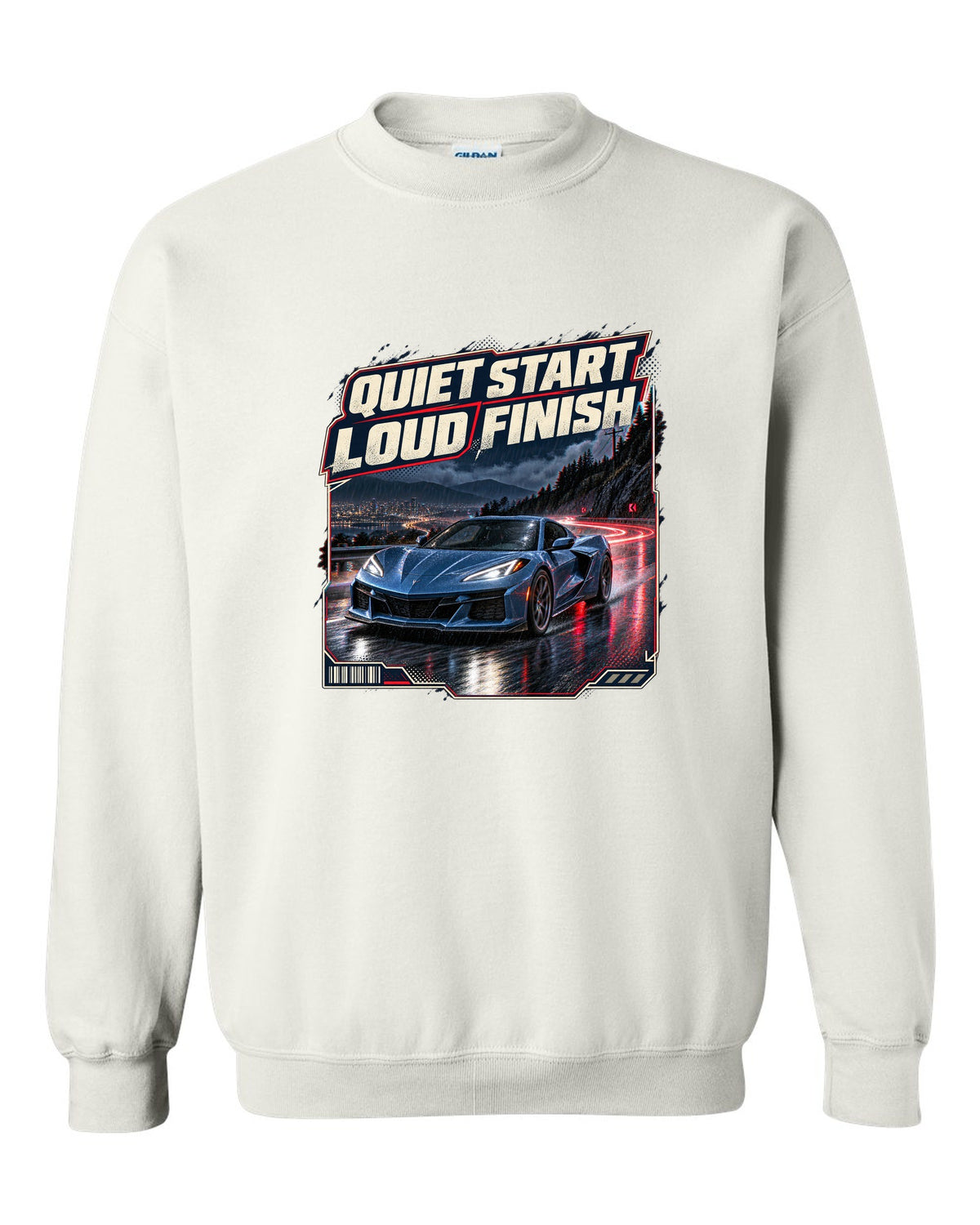 print of a Chevrolet Corvette C8 E-Ray on a wet night street with quiet start, loud finish text white crewneck front view with the design
